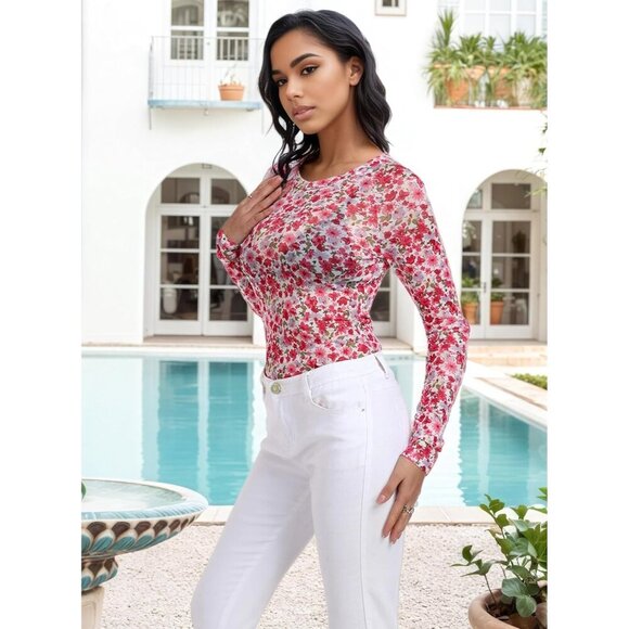 🆕Women Pinky White Floral Mesh Top Crew Neck Long Sleeve Polyester Sexy Tee - Picture 5 of 6